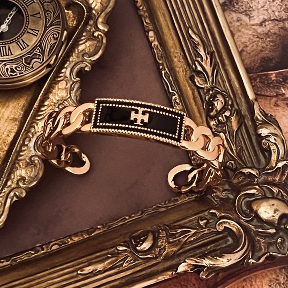 TORY BURCH • Black Milgrain Logo Cuff Bracelet - Picture 6 of 7